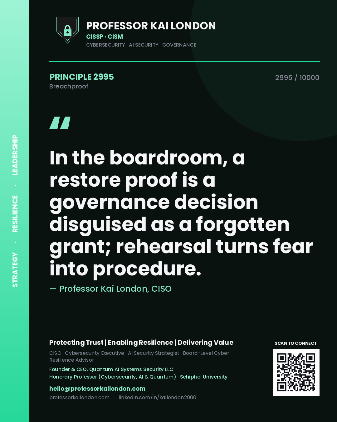 Quote card by Professor Kai London reading 'In the boardroom, a restore proof is a governance decision disguised as a forgotten grant; rehearsal turns fear into procedure.'. From the book Breachproof.
