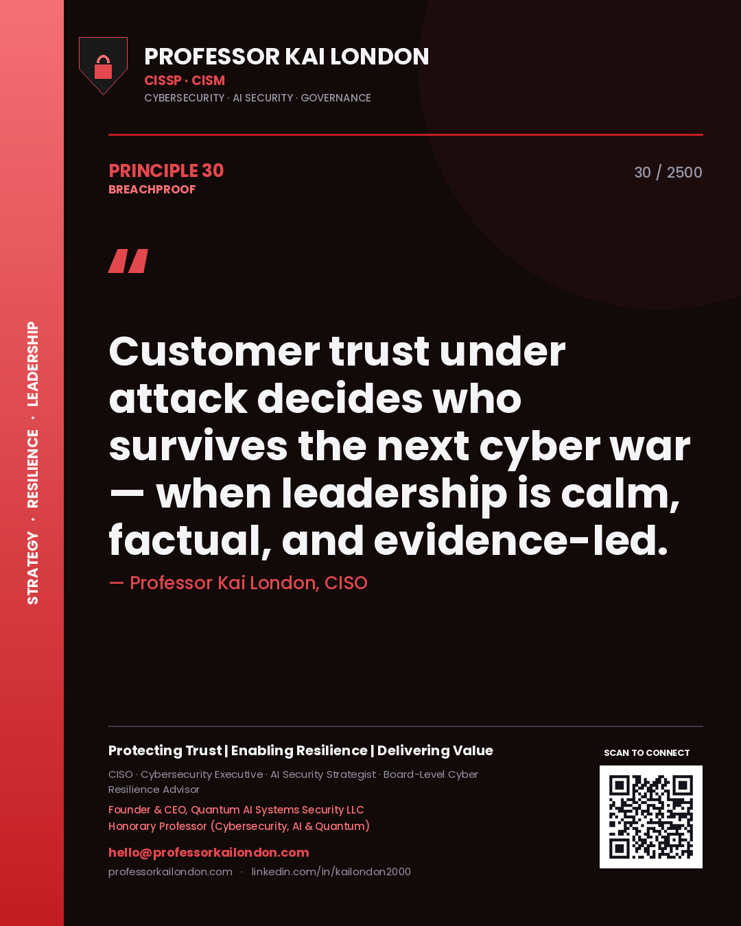 Professor Kai London principle 30: Customer trust under attack decides who survives the next cyber war — when leadership is calm, factual, and evidence-led.