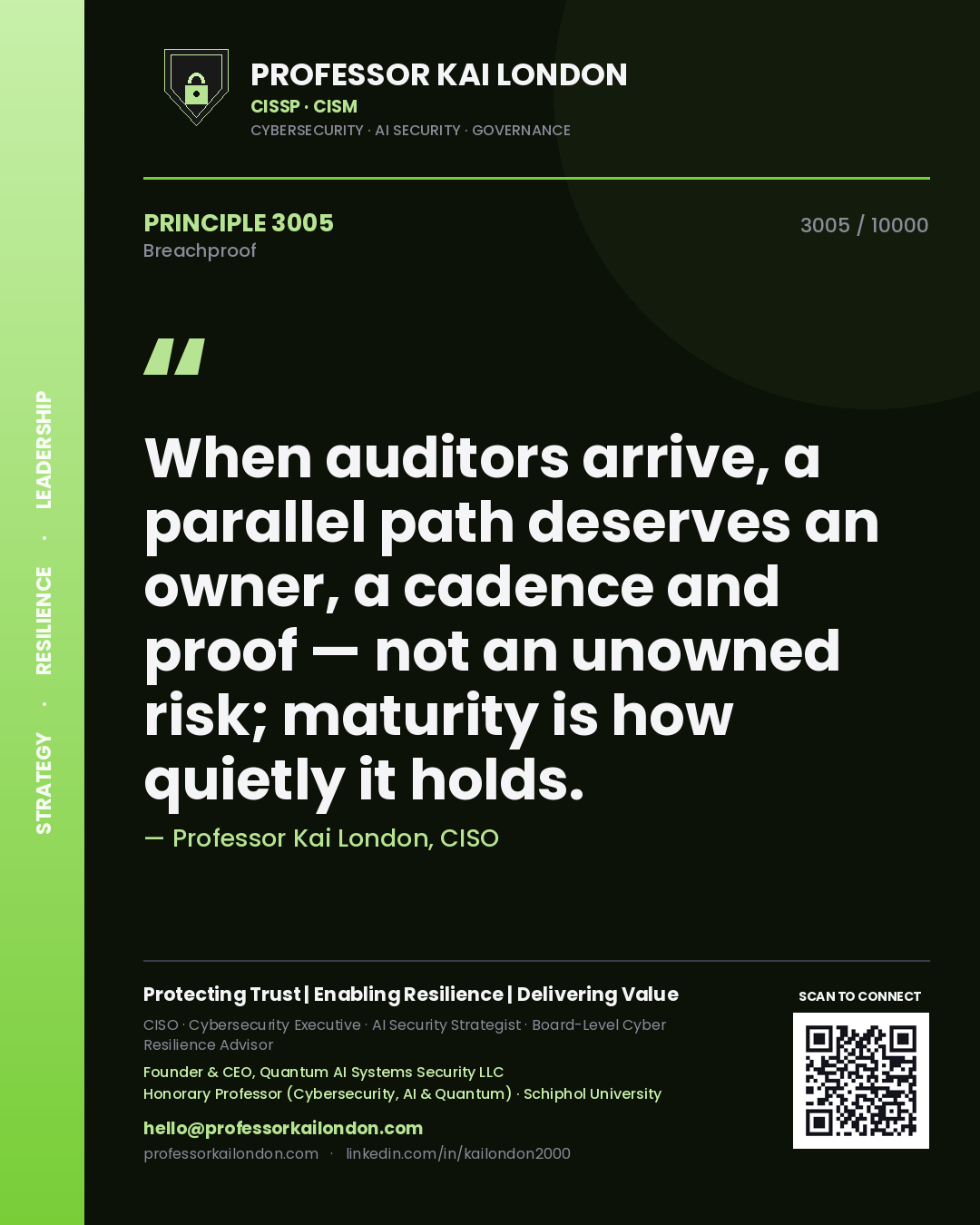 Quote card by Professor Kai London reading 'When auditors arrive, a parallel path deserves an owner, a cadence and proof — not an unowned risk; maturity is how quietly it holds.'. From the book Breachproof.