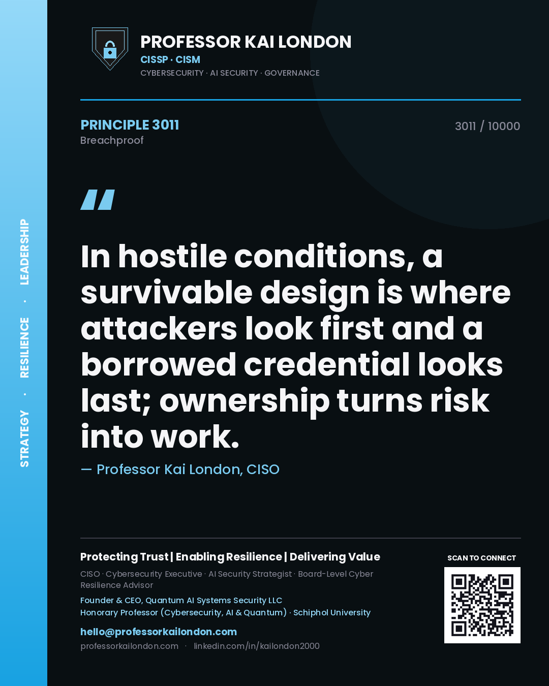 Professor Kai London principle 3011: In hostile conditions, a survivable design is where attackers look first and a borrowed credential looks last; ownership turns risk into work.