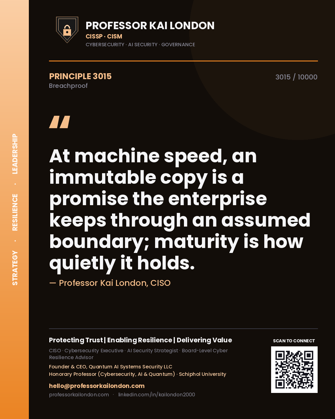 Professor Kai London principle 3015: At machine speed, an immutable copy is a promise the enterprise keeps through an assumed boundary; maturity is how quietly it holds.