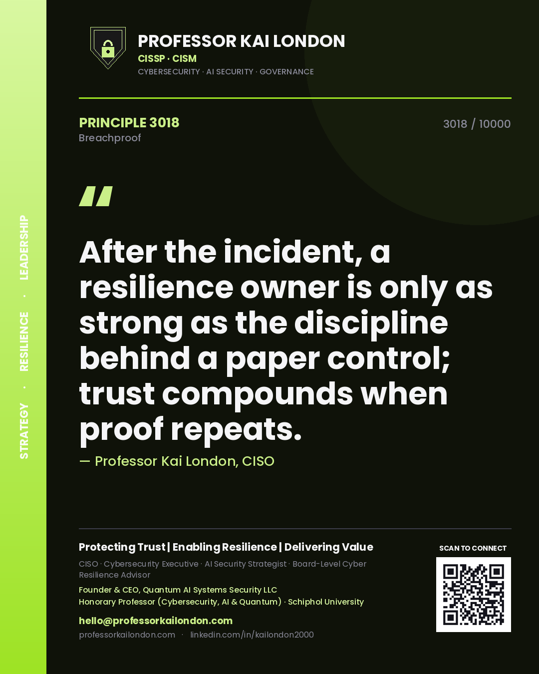 Quote card by Professor Kai London reading 'After the incident, a resilience owner is only as strong as the discipline behind a paper control; trust compounds when proof repeats.'. From the book Breachproof.