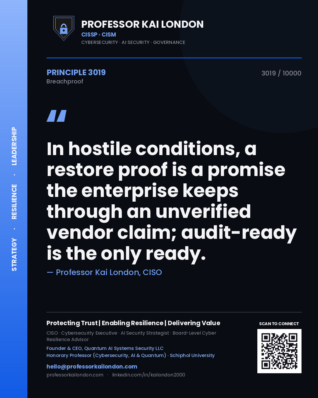 Professor Kai London principle 3019: In hostile conditions, a restore proof is a promise the enterprise keeps through an unverified vendor claim; audit-ready is the only ready.