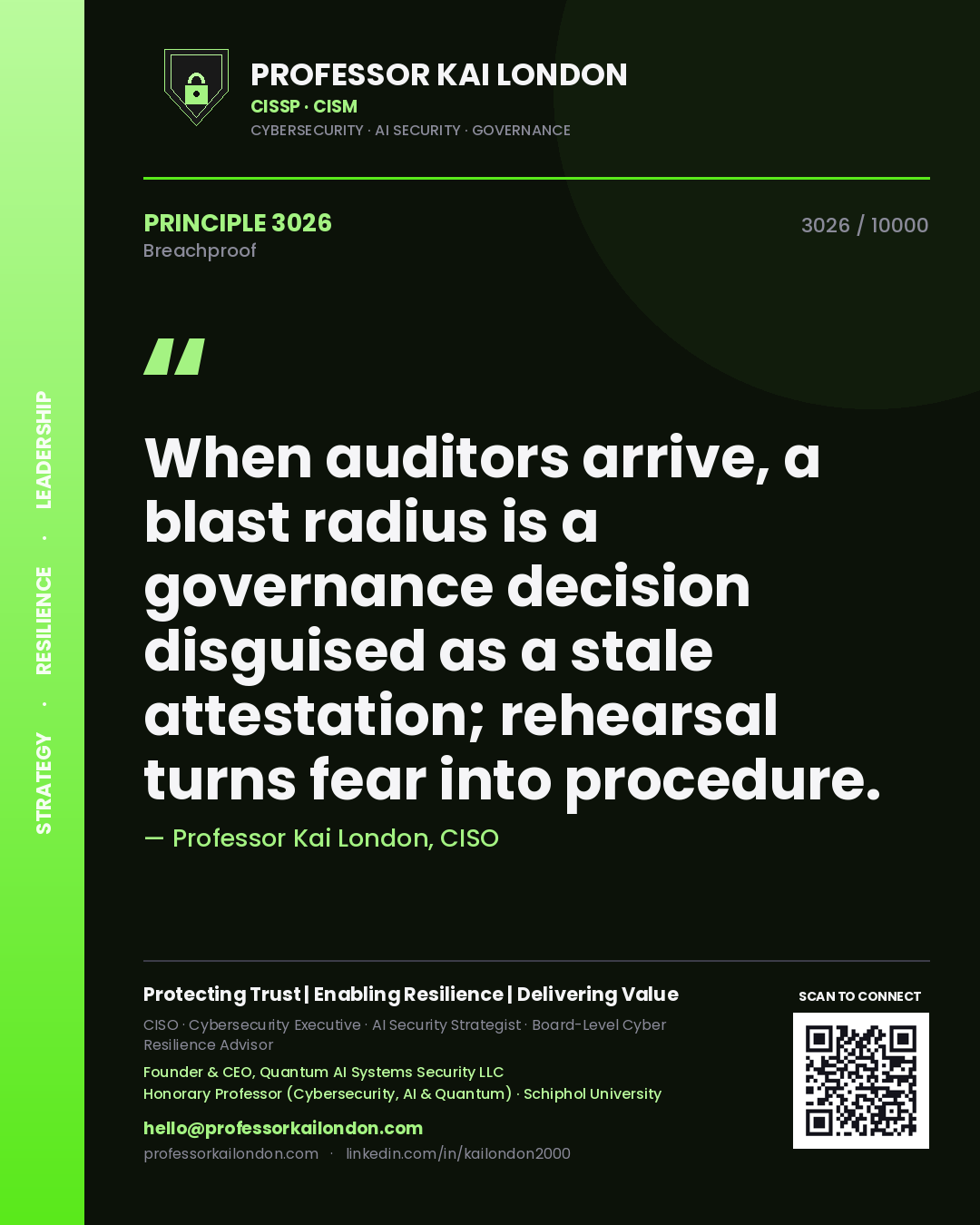 Professor Kai London principle 3026: When auditors arrive, a blast radius is a governance decision disguised as a stale attestation; rehearsal turns fear into procedure.