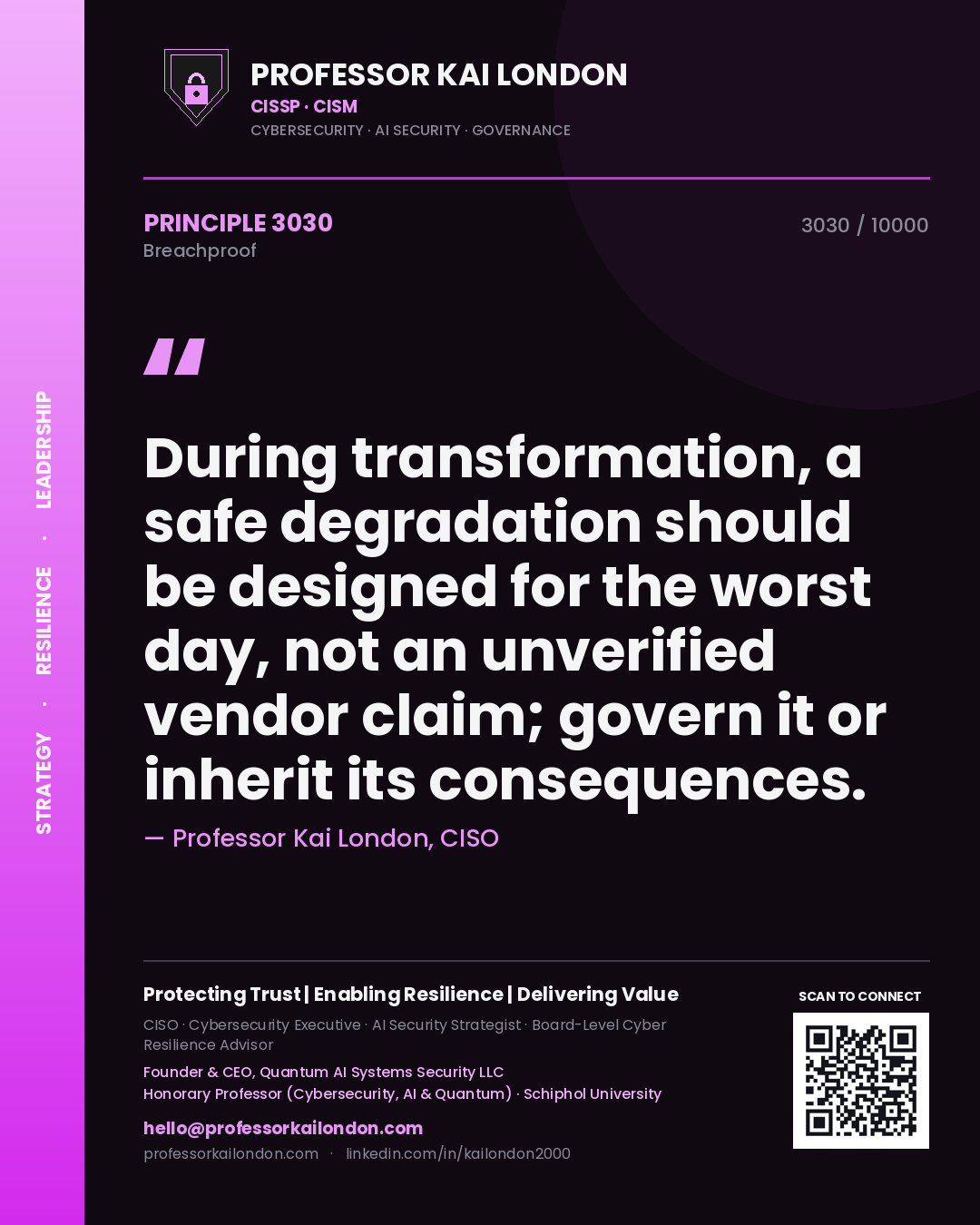 Professor Kai London principle 3030: During transformation, a safe degradation should be designed for the worst day, not an unverified vendor claim; govern it or inherit its consequences.