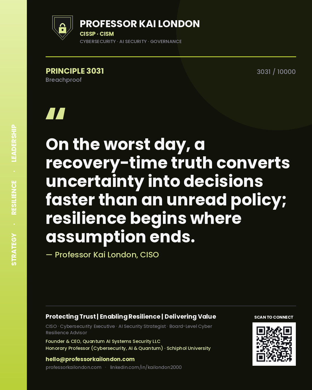 Professor Kai London principle 3031: On the worst day, a recovery-time truth converts uncertainty into decisions faster than an unread policy; resilience begins where assumption ends.