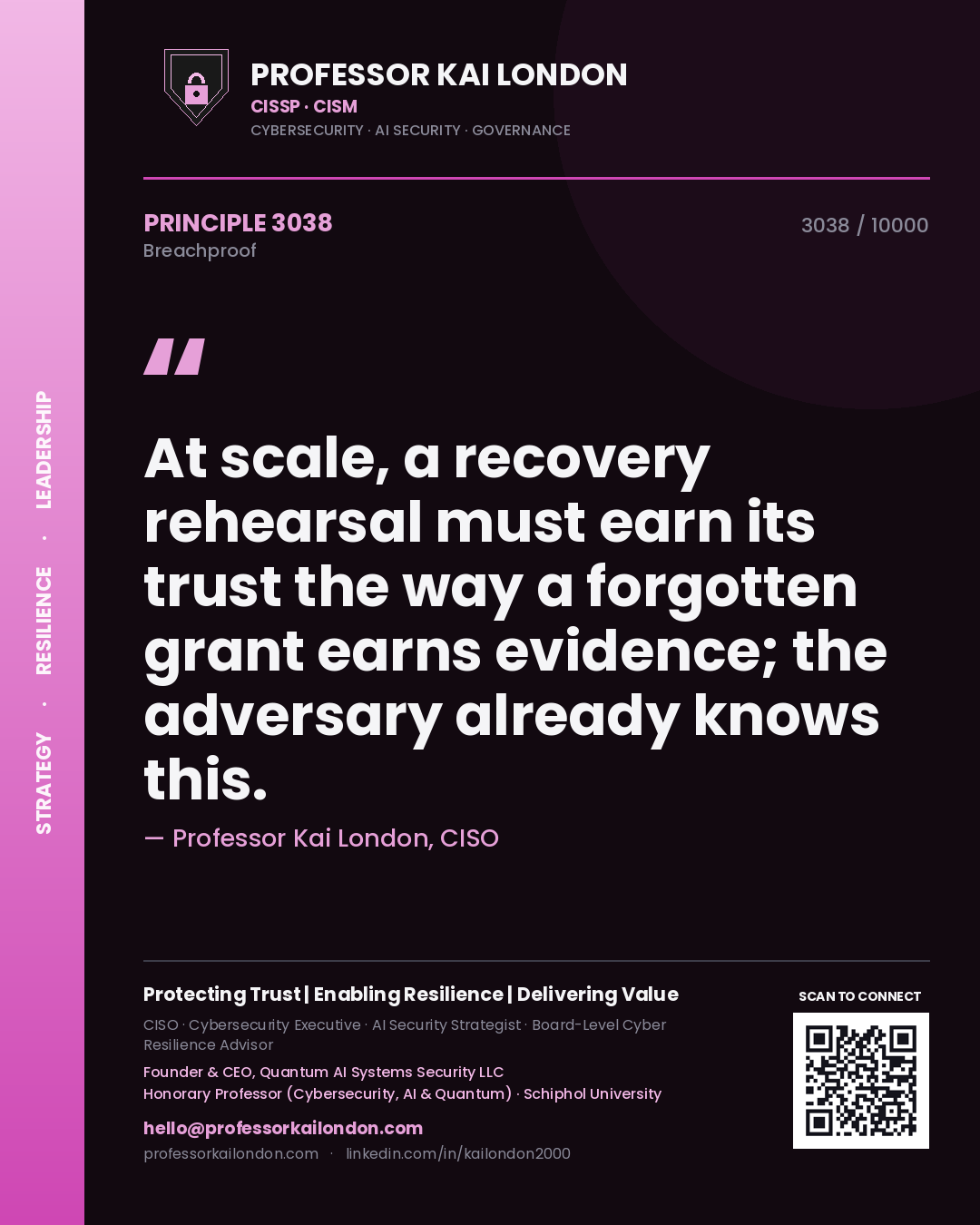 Quote card by Professor Kai London reading 'At scale, a recovery rehearsal must earn its trust the way a forgotten grant earns evidence; the adversary already knows this.'. From the book Breachproof.