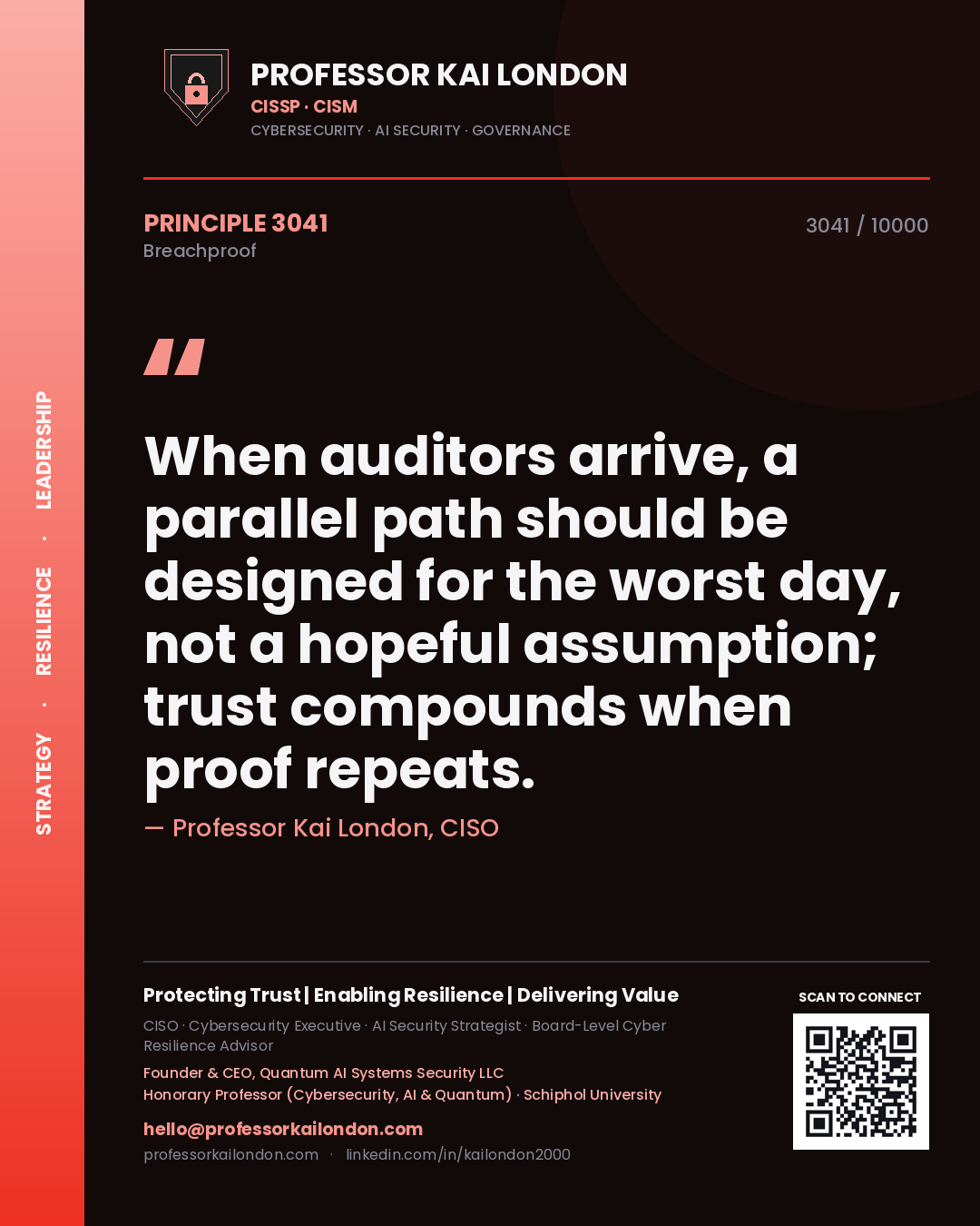 Quote card by Professor Kai London reading 'When auditors arrive, a parallel path should be designed for the worst day, not a hopeful assumption; trust compounds when proof repeats.'. From the book Breachproof.