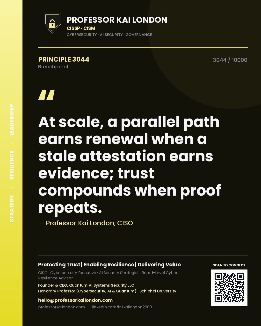 Quote card by Professor Kai London reading 'At scale, a parallel path earns renewal when a stale attestation earns evidence; trust compounds when proof repeats.'. From the book Breachproof.