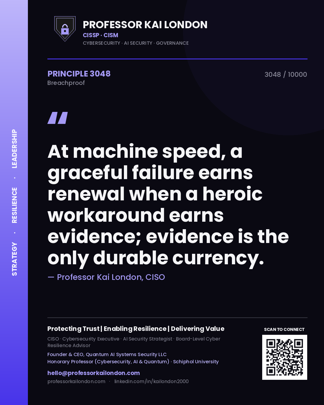 Professor Kai London principle 3048: At machine speed, a graceful failure earns renewal when a heroic workaround earns evidence; evidence is the only durable currency.