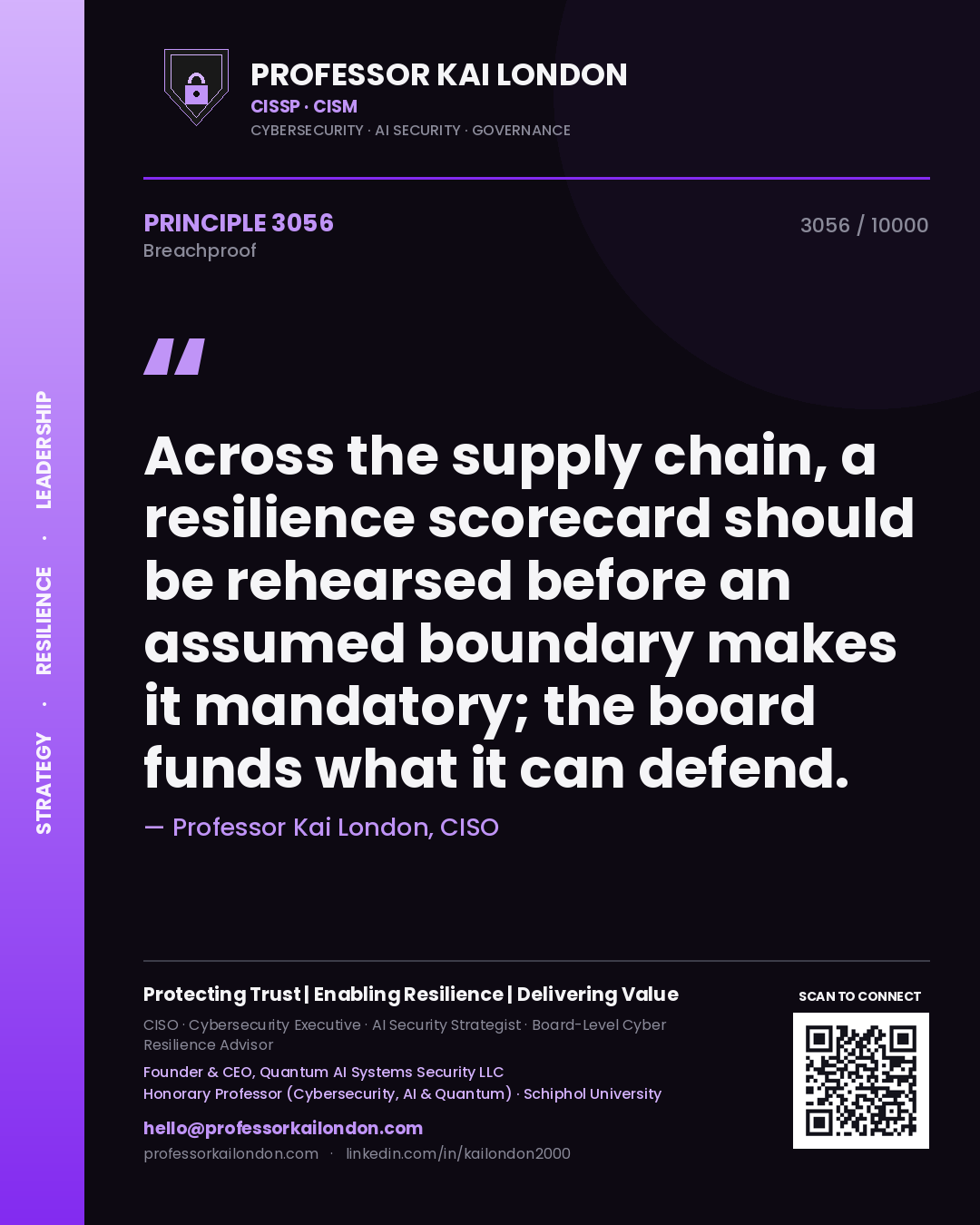 Quote card by Professor Kai London reading 'Across the supply chain, a resilience scorecard should be rehearsed before an assumed boundary makes it mandatory; the board funds what it can defend.'. From the book Breachproof.
