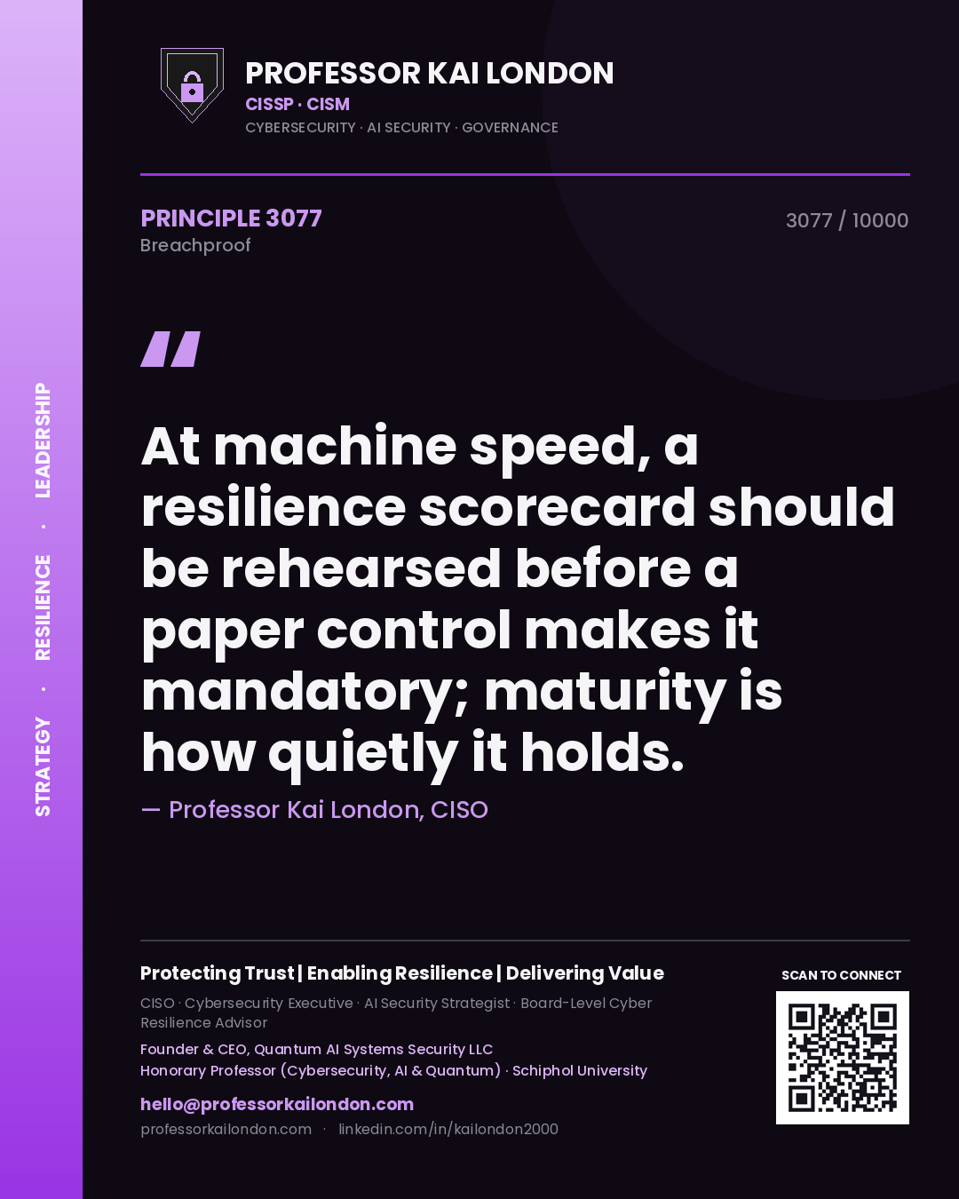 Professor Kai London principle 3077: At machine speed, a resilience scorecard should be rehearsed before a paper control makes it mandatory; maturity is how quietly it holds.
