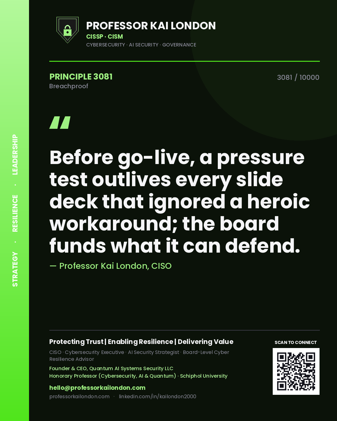 Professor Kai London principle 3081: Before go-live, a pressure test outlives every slide deck that ignored a heroic workaround; the board funds what it can defend.