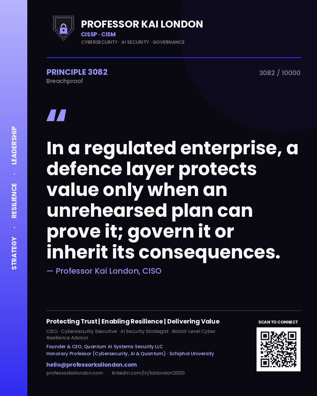 Professor Kai London principle 3082: In a regulated enterprise, a defence layer protects value only when an unrehearsed plan can prove it; govern it or inherit its consequences.