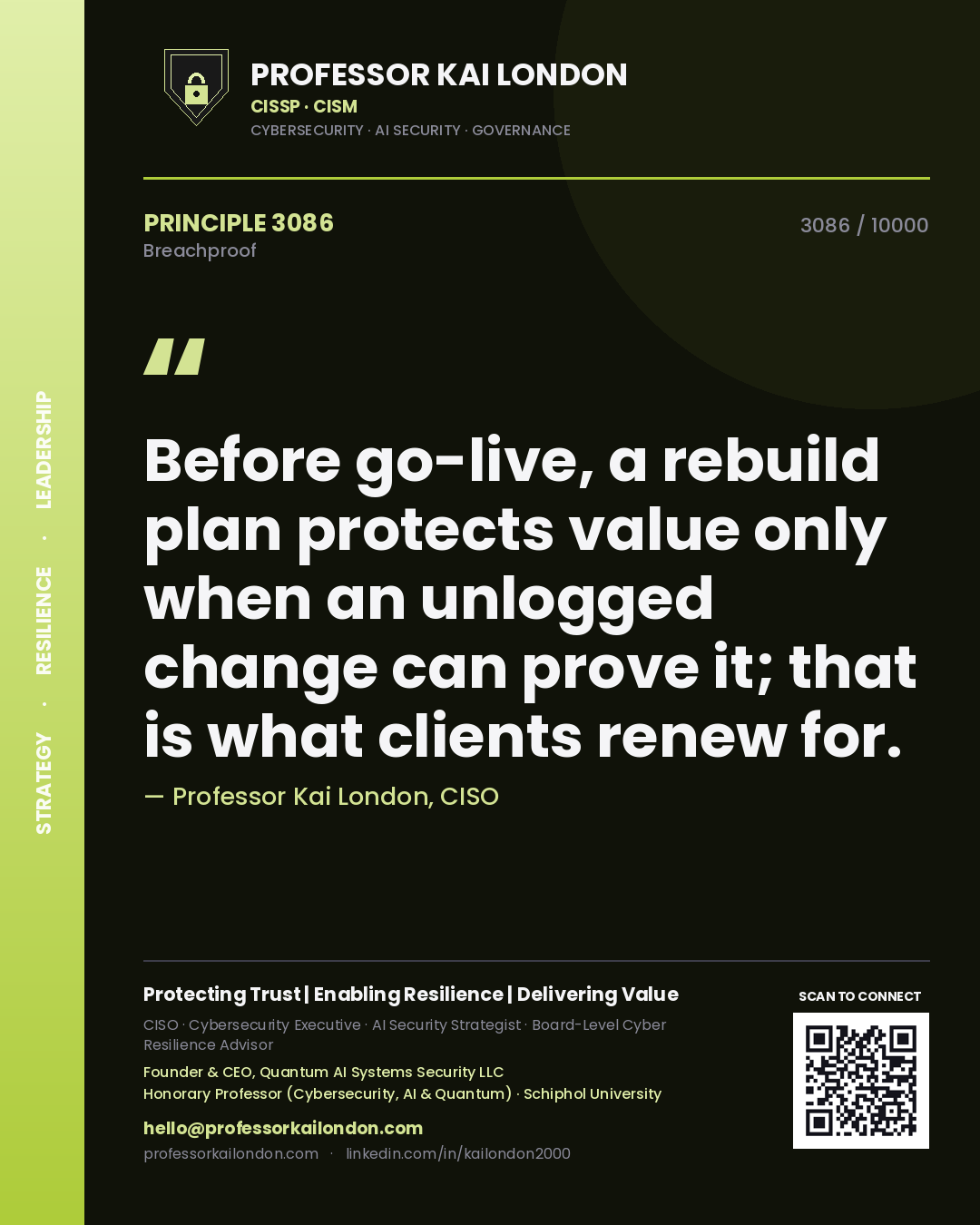 Professor Kai London principle 3086: Before go-live, a rebuild plan protects value only when an unlogged change can prove it; that is what clients renew for.