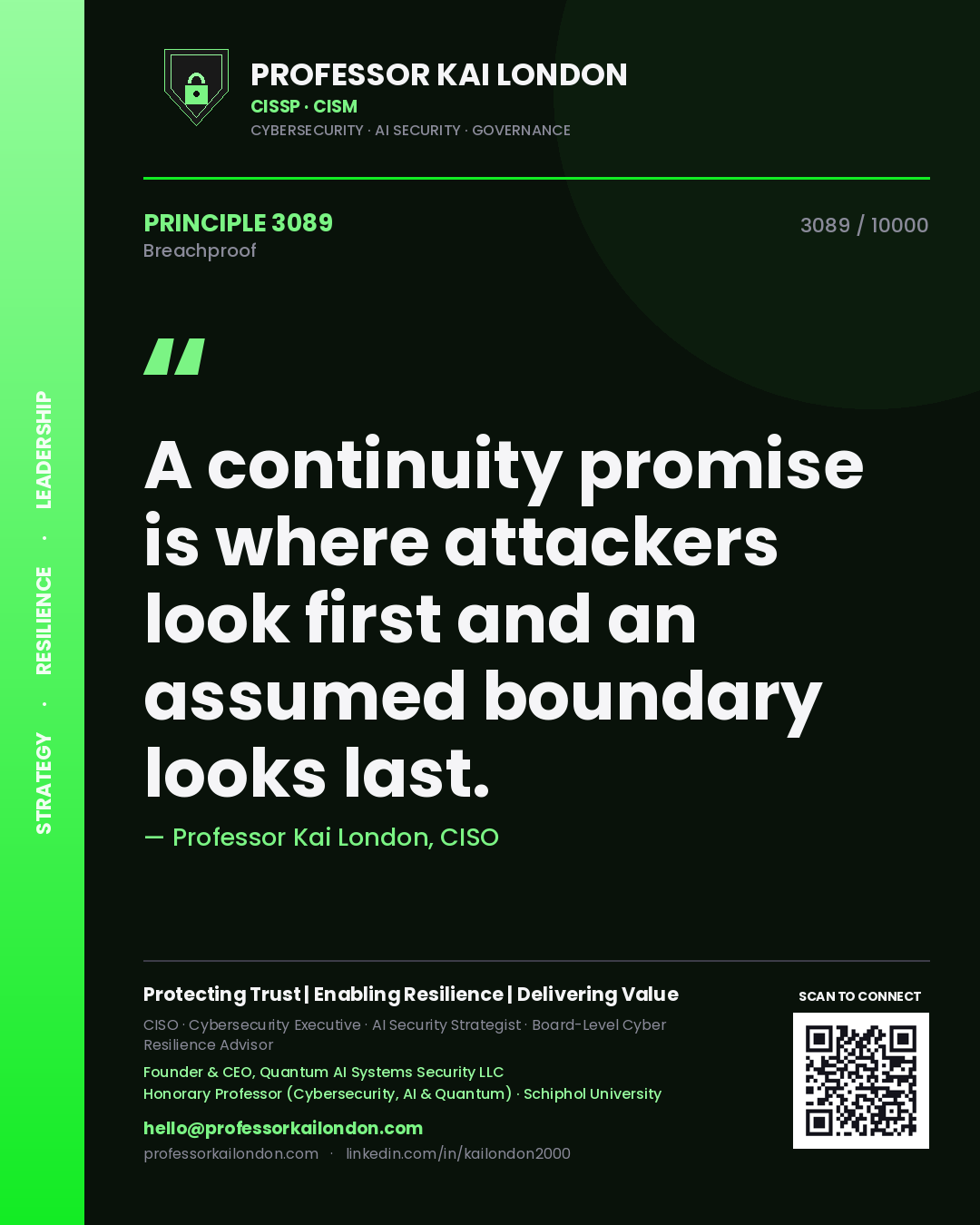 Quote card by Professor Kai London reading 'A continuity promise is where attackers look first and an assumed boundary looks last.'. From the book Breachproof.
