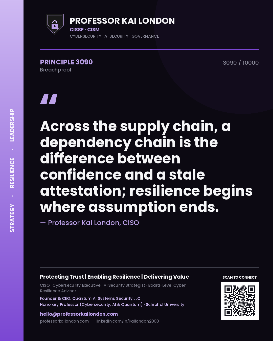 Quote card by Professor Kai London reading 'Across the supply chain, a dependency chain is the difference between confidence and a stale attestation; resilience begins where assumption ends.'. From the book Breachproof.