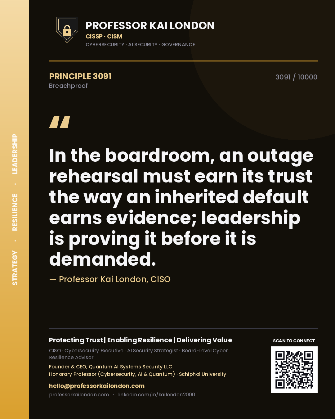 Professor Kai London principle 3091: In the boardroom, an outage rehearsal must earn its trust the way an inherited default earns evidence; leadership is proving it before it is demanded.