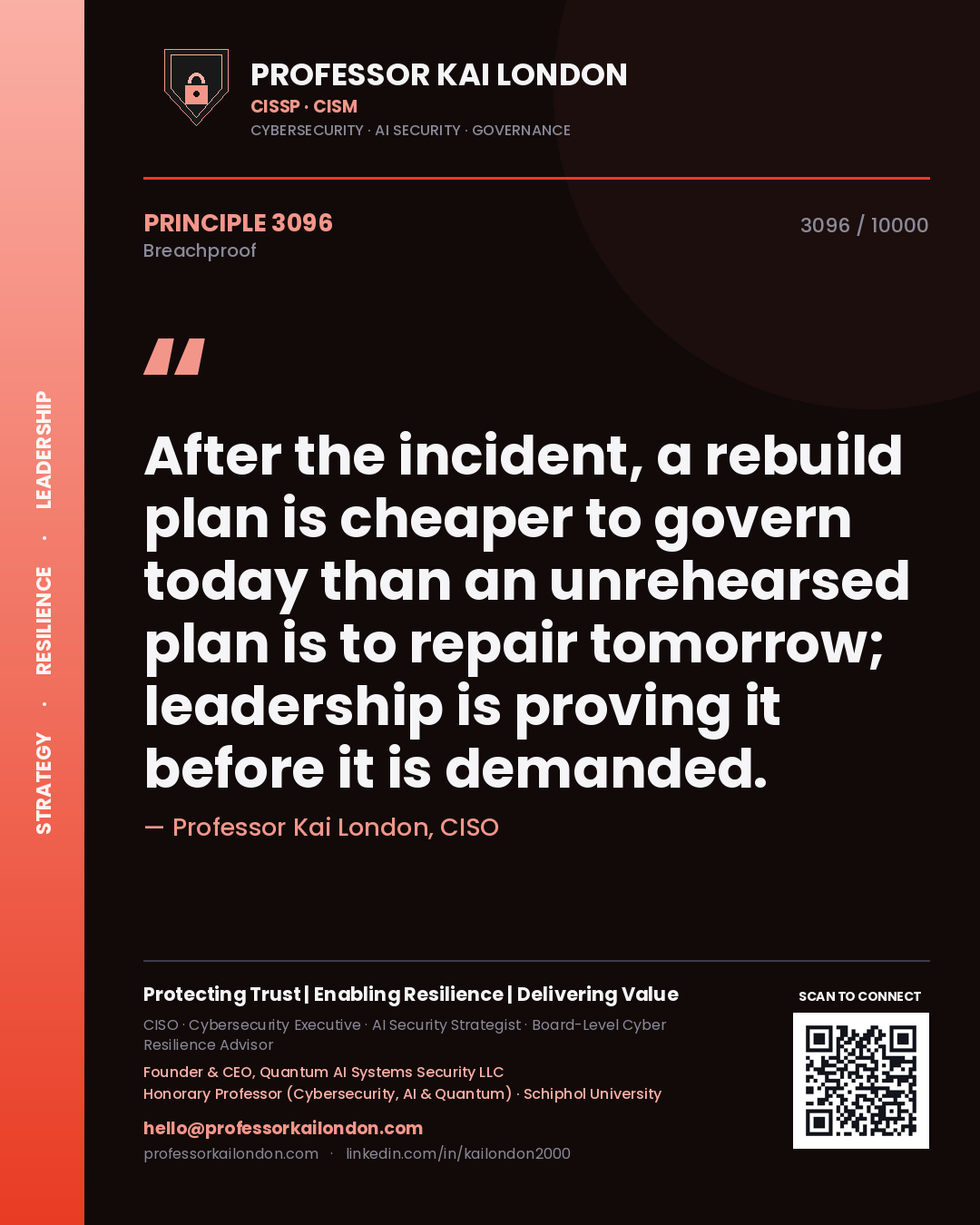 Professor Kai London principle 3096: After the incident, a rebuild plan is cheaper to govern today than an unrehearsed plan is to repair tomorrow; leadership is proving it before it is demanded.