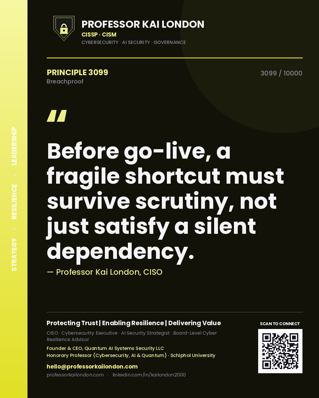 Quote card by Professor Kai London reading 'Before go-live, a fragile shortcut must survive scrutiny, not just satisfy a silent dependency.'. From the book Breachproof.