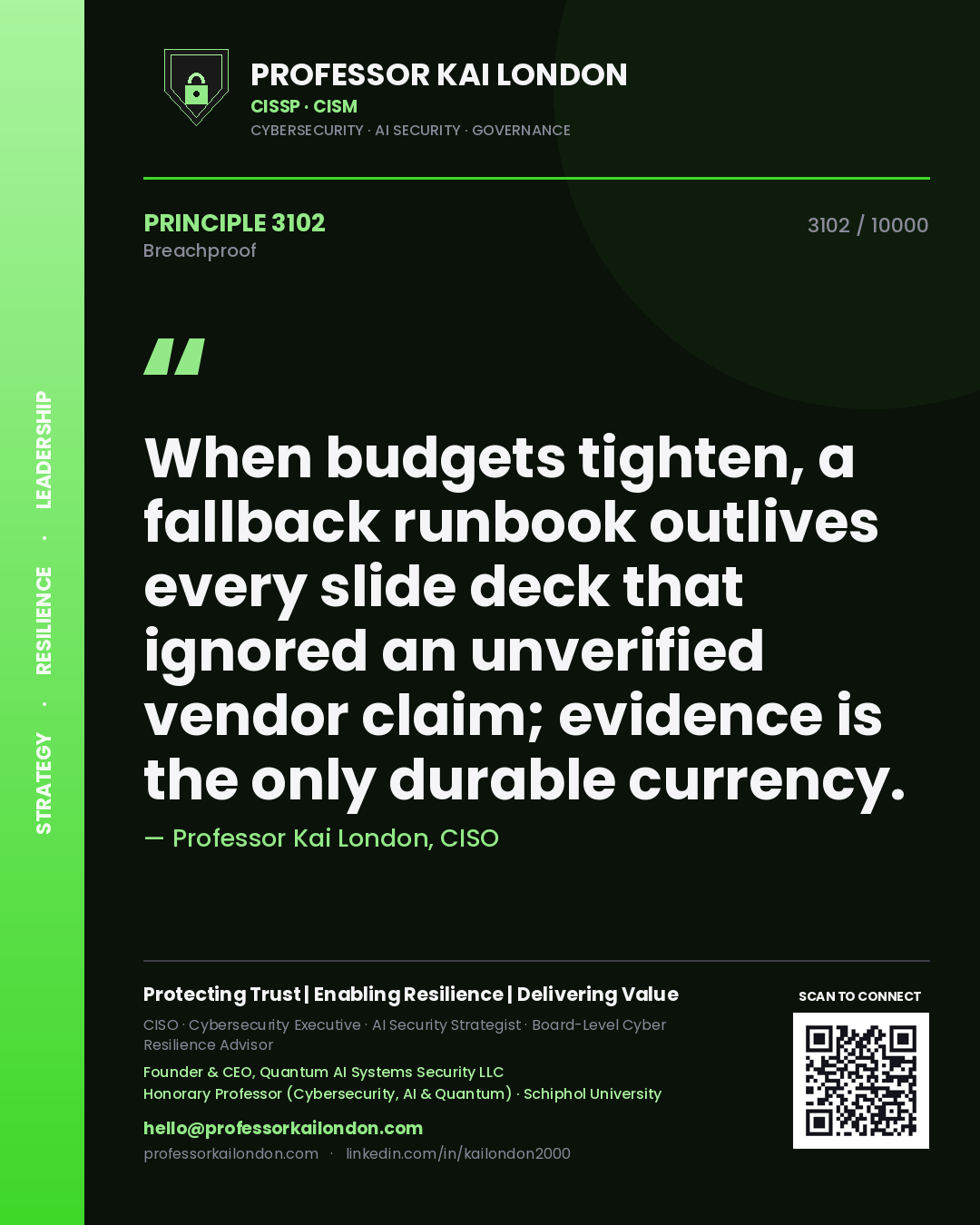 Quote card by Professor Kai London reading 'When budgets tighten, a fallback runbook outlives every slide deck that ignored an unverified vendor claim; evidence is the only durable currency.'. From the book Breachproof.