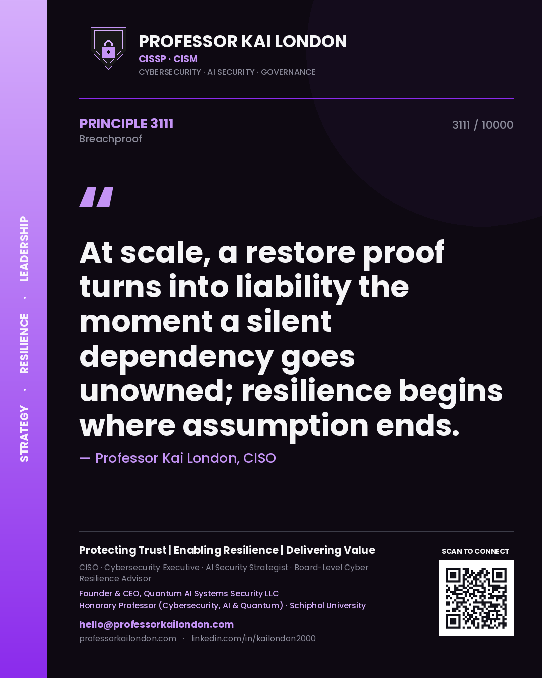 Quote card by Professor Kai London reading 'At scale, a restore proof turns into liability the moment a silent dependency goes unowned; resilience begins where assumption ends.'. From the book Breachproof.