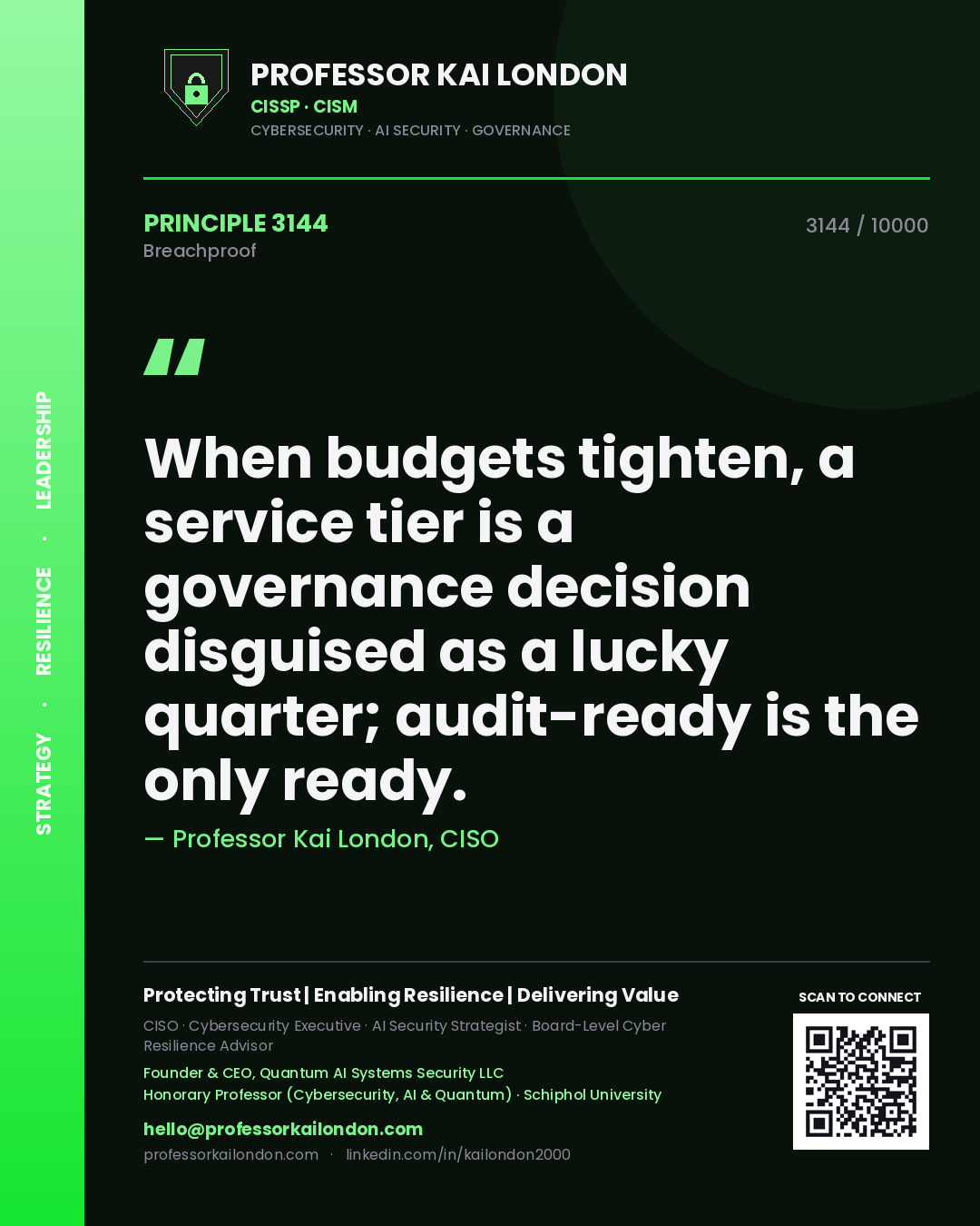 Quote card by Professor Kai London reading 'When budgets tighten, a service tier is a governance decision disguised as a lucky quarter; audit-ready is the only ready.'. From the book Breachproof.