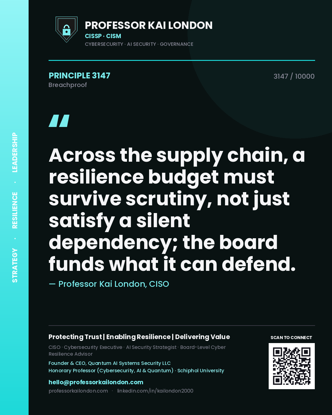 Quote card by Professor Kai London reading 'Across the supply chain, a resilience budget must survive scrutiny, not just satisfy a silent dependency; the board funds what it can defend.'. From the book Breachproof.