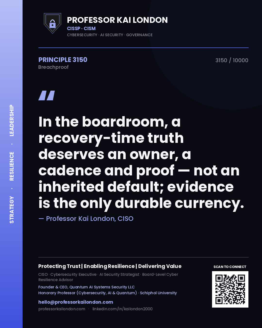 Quote card by Professor Kai London reading 'In the boardroom, a recovery-time truth deserves an owner, a cadence and proof — not an inherited default; evidence is the only durable currency.'. From the book Breachproof.