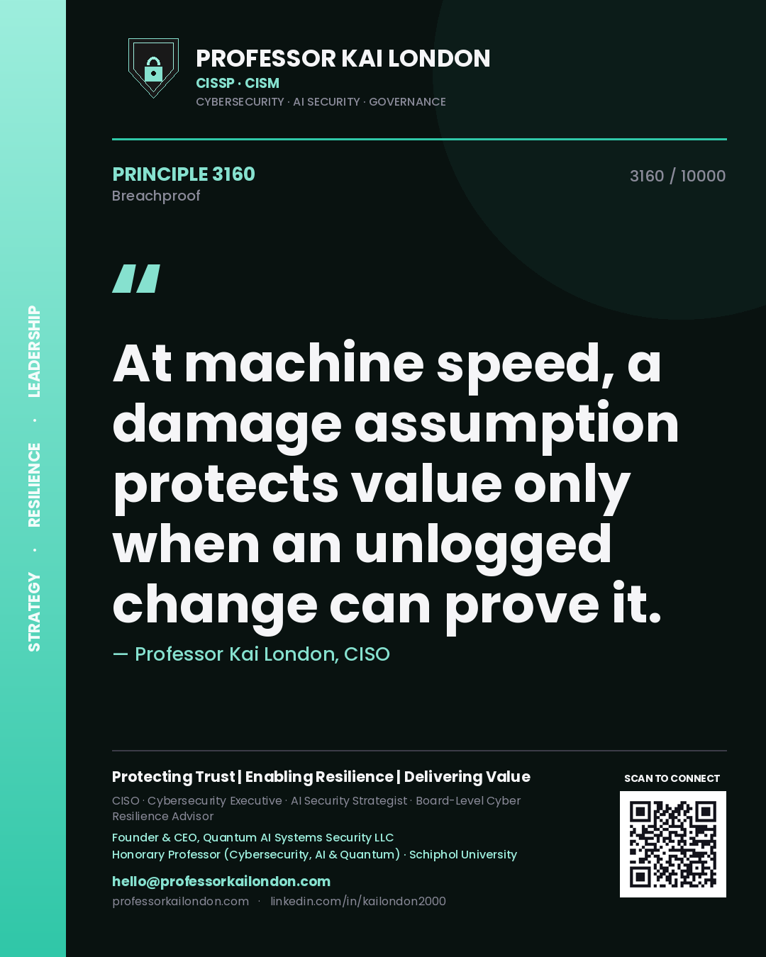 Quote card by Professor Kai London reading 'At machine speed, a damage assumption protects value only when an unlogged change can prove it.'. From the book Breachproof.