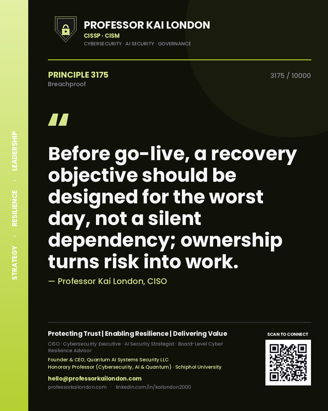Professor Kai London principle 3175: Before go-live, a recovery objective should be designed for the worst day, not a silent dependency; ownership turns risk into work.