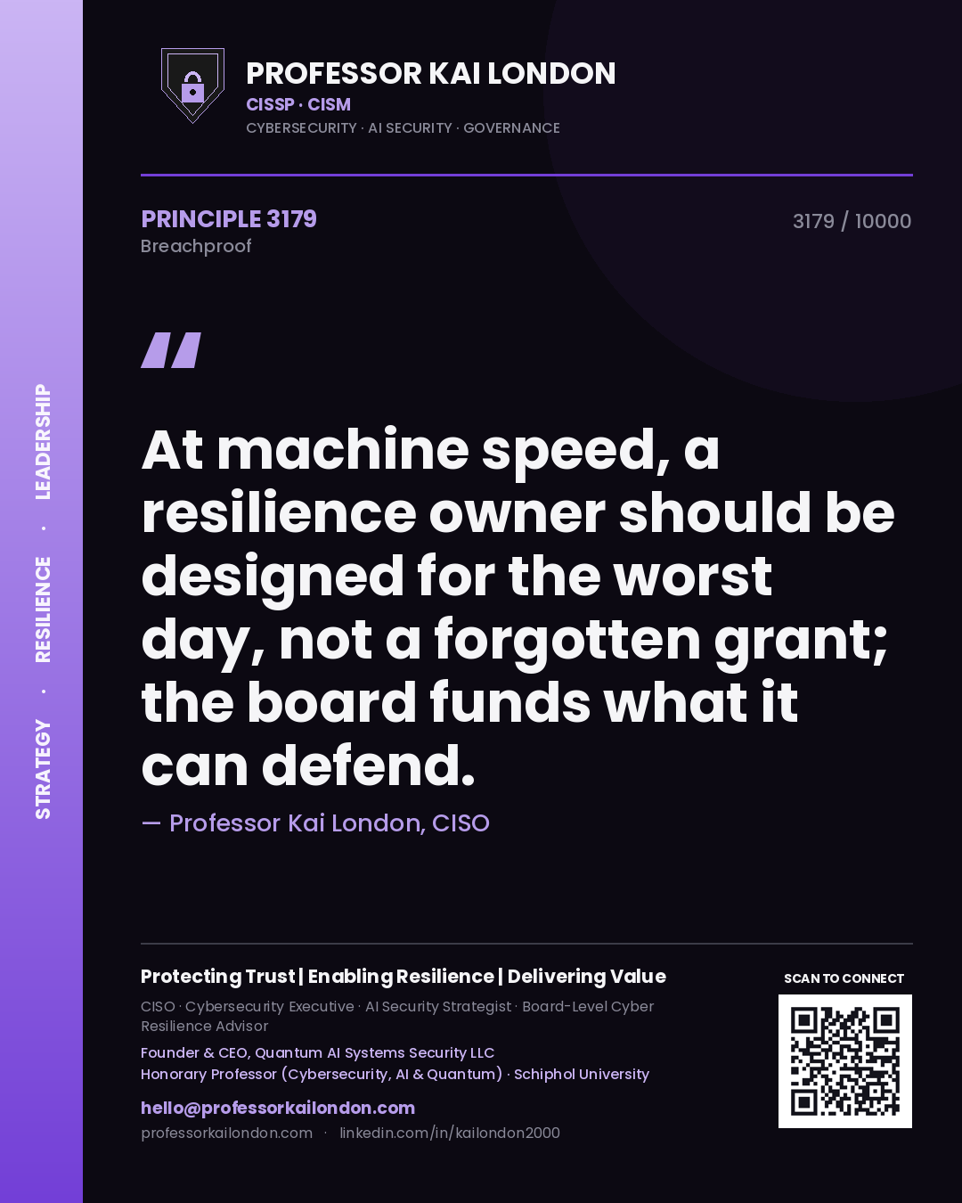 Quote card by Professor Kai London reading 'At machine speed, a resilience owner should be designed for the worst day, not a forgotten grant; the board funds what it can defend.'. From the book Breachproof.