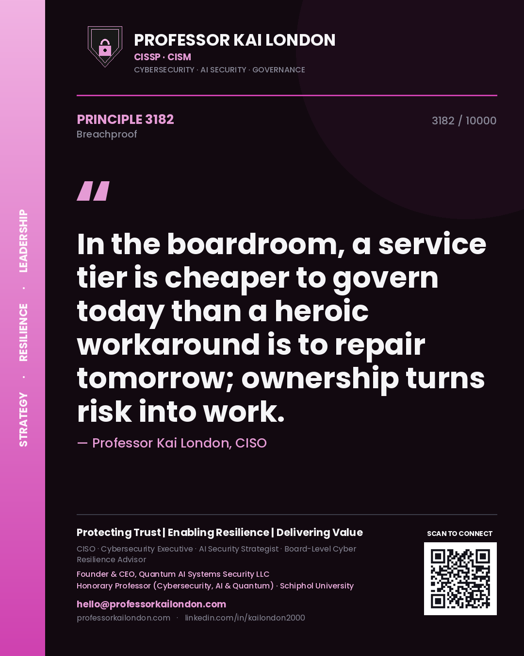 Quote card by Professor Kai London reading 'In the boardroom, a service tier is cheaper to govern today than a heroic workaround is to repair tomorrow; ownership turns risk into work.'. From the book Breachproof.