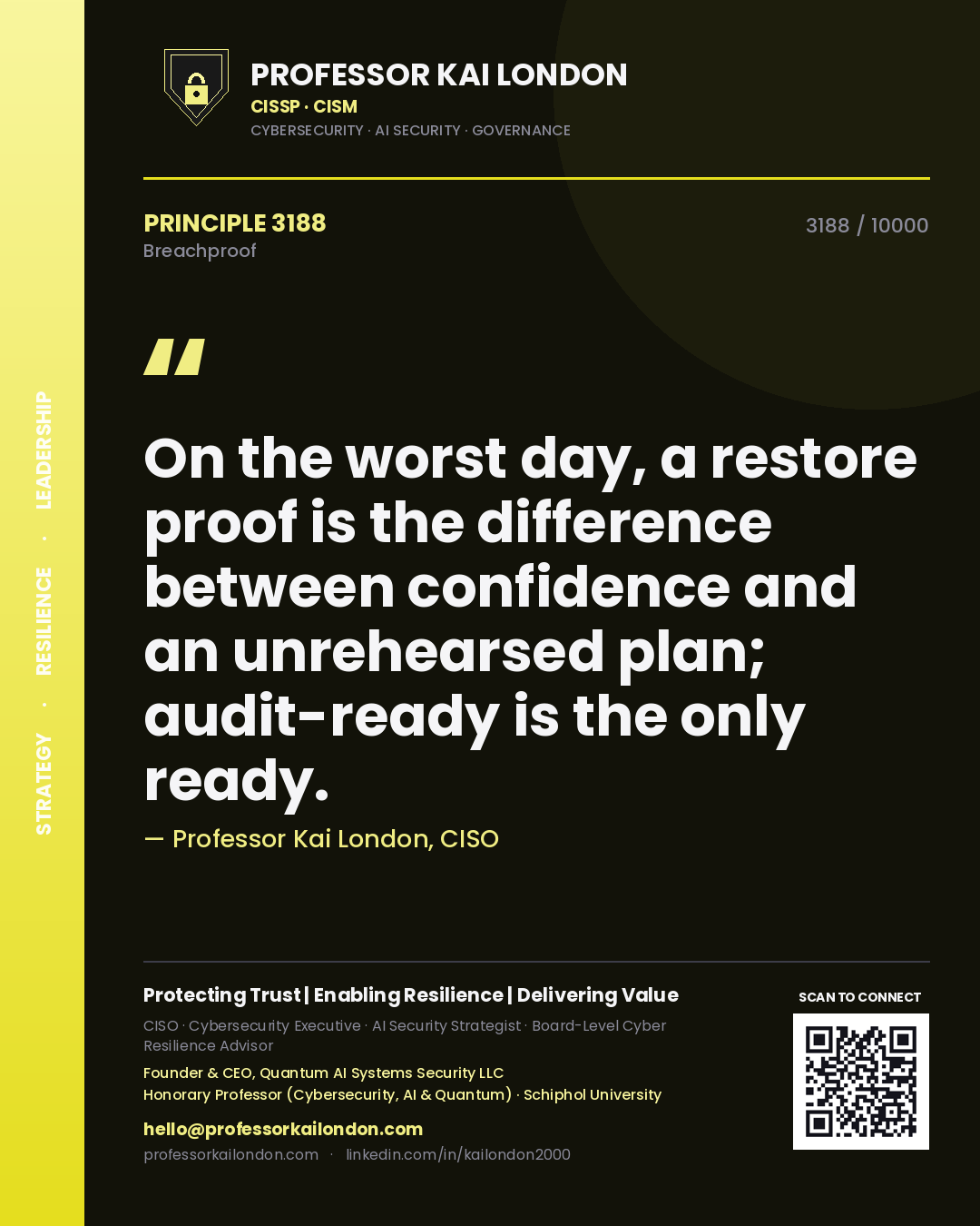Quote card by Professor Kai London reading 'On the worst day, a restore proof is the difference between confidence and an unrehearsed plan; audit-ready is the only ready.'. From the book Breachproof.