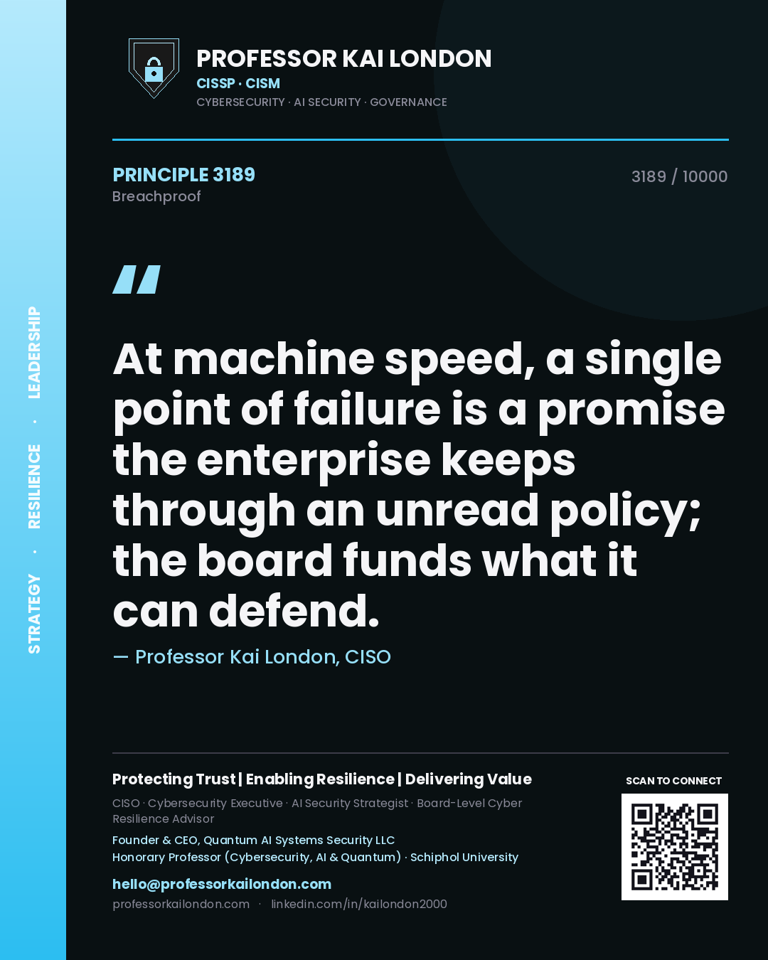 Professor Kai London principle 3189: At machine speed, a single point of failure is a promise the enterprise keeps through an unread policy; the board funds what it can defend.