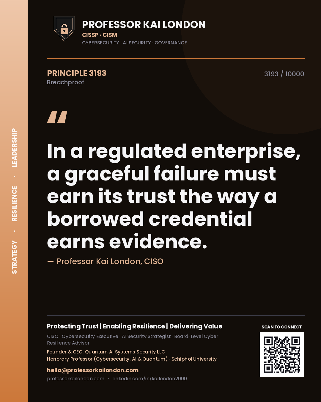 Quote card by Professor Kai London reading 'In a regulated enterprise, a graceful failure must earn its trust the way a borrowed credential earns evidence.'. From the book Breachproof.
