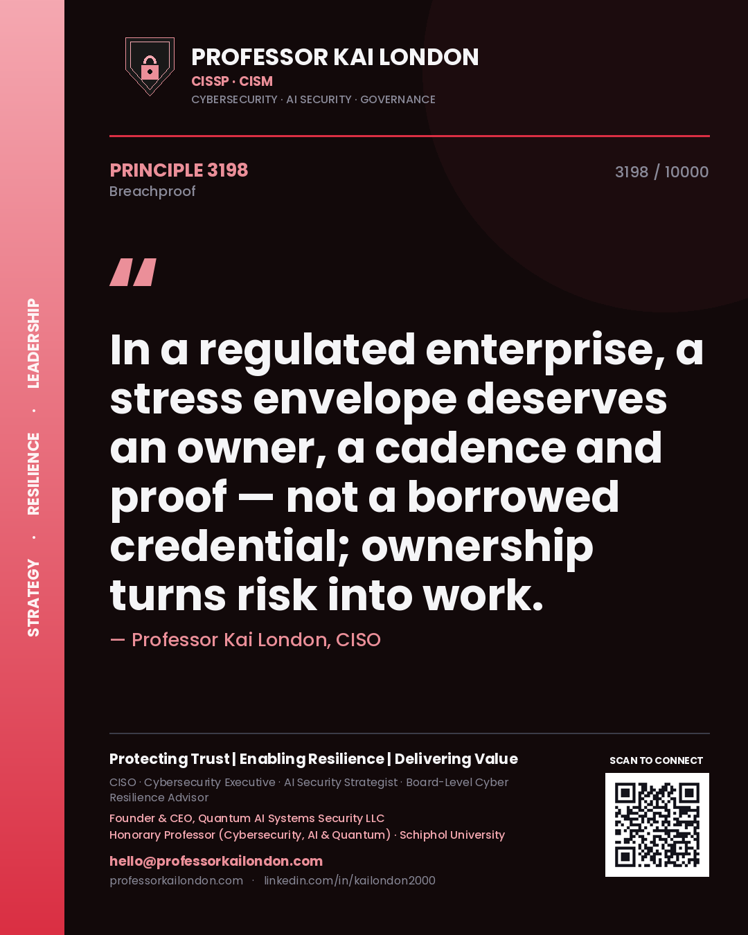 Professor Kai London principle 3198: In a regulated enterprise, a stress envelope deserves an owner, a cadence and proof — not a borrowed credential; ownership turns risk into work.