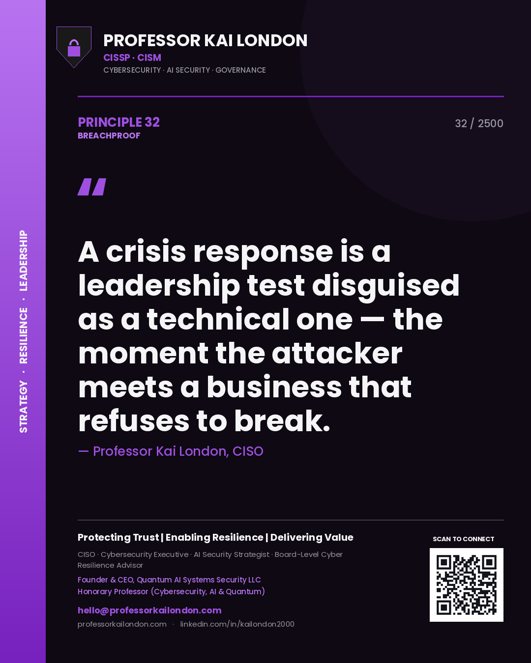 Quote card by Professor Kai London reading 'A crisis response is a leadership test disguised as a technical one — the moment the attacker meets a business that refuses to break.'. From the book Breachproof.