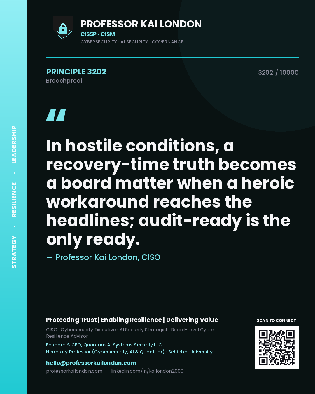 Quote card by Professor Kai London reading 'In hostile conditions, a recovery-time truth becomes a board matter when a heroic workaround reaches the headlines; audit-ready is the only ready.'. From the book Breachproof.