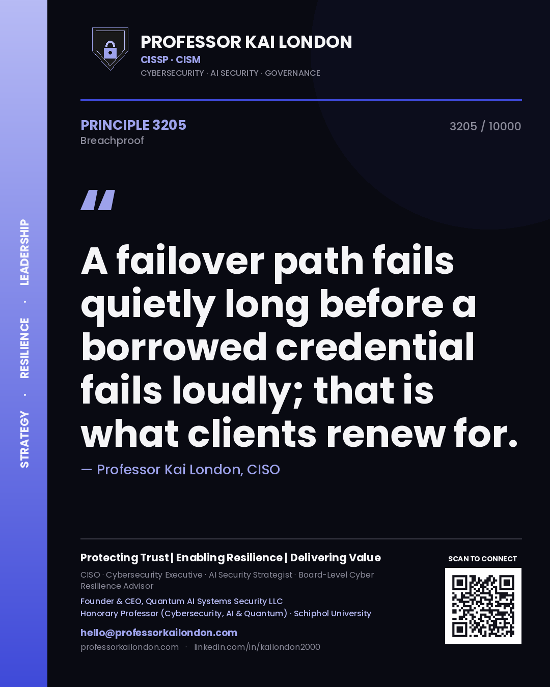 Quote card by Professor Kai London reading 'A failover path fails quietly long before a borrowed credential fails loudly; that is what clients renew for.'. From the book Breachproof.