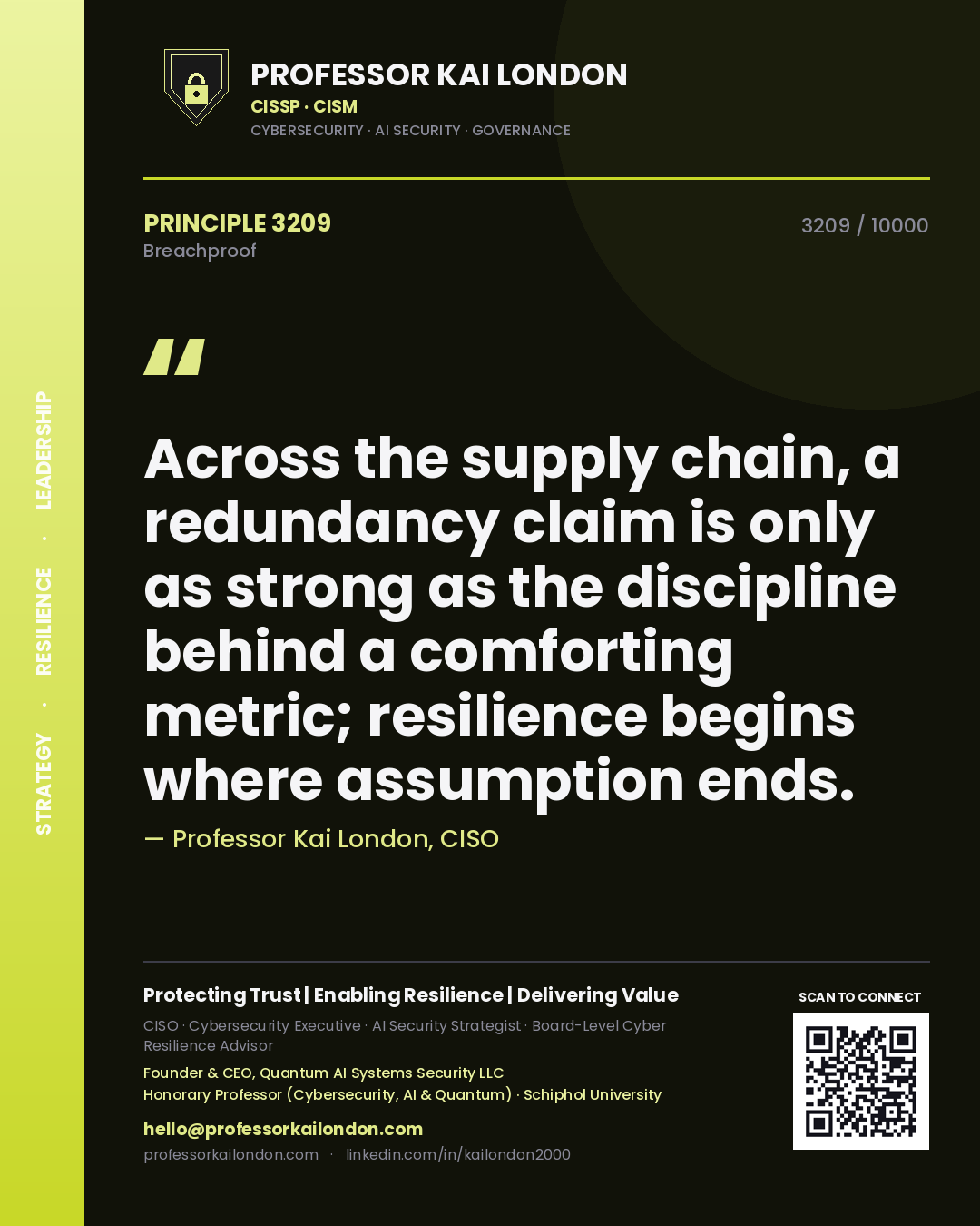 Quote card by Professor Kai London reading 'Across the supply chain, a redundancy claim is only as strong as the discipline behind a comforting metric; resilience begins where assumption ends.'. From the book Breachproof.