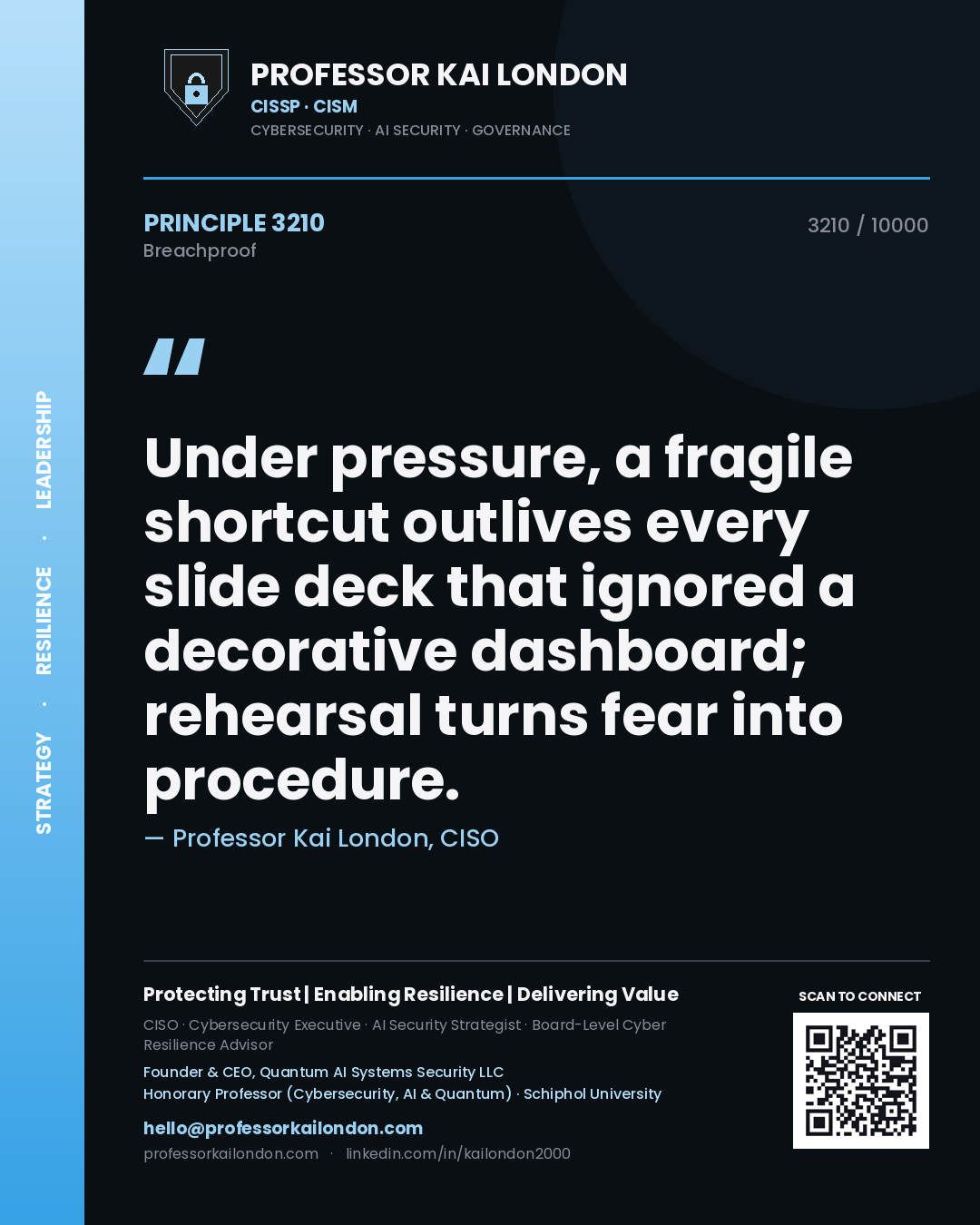 Professor Kai London principle 3210: Under pressure, a fragile shortcut outlives every slide deck that ignored a decorative dashboard; rehearsal turns fear into procedure.
