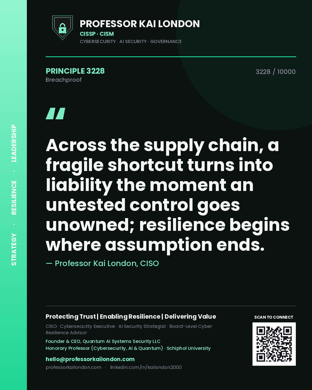 Quote card by Professor Kai London reading 'Across the supply chain, a fragile shortcut turns into liability the moment an untested control goes unowned; resilience begins where assumption ends.'. From the book Breachproof.
