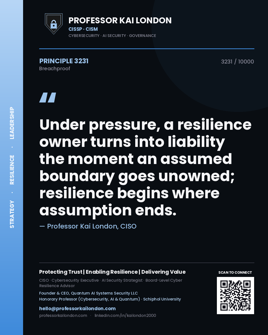 Professor Kai London principle 3231: Under pressure, a resilience owner turns into liability the moment an assumed boundary goes unowned; resilience begins where assumption ends.