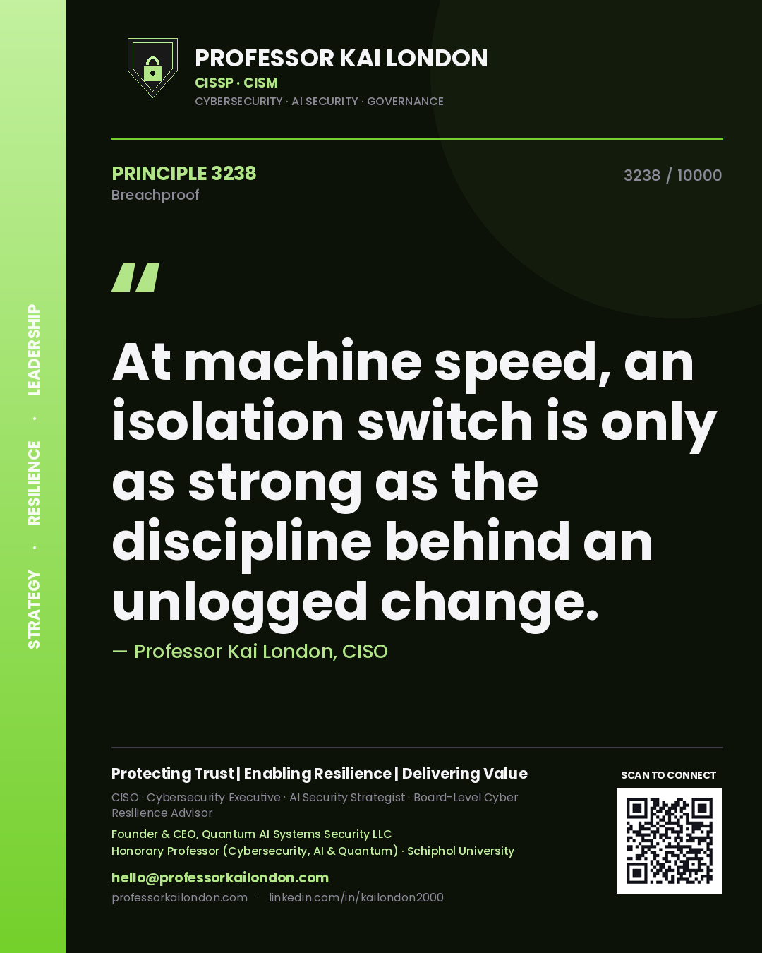 Quote card by Professor Kai London reading 'At machine speed, an isolation switch is only as strong as the discipline behind an unlogged change.'. From the book Breachproof.