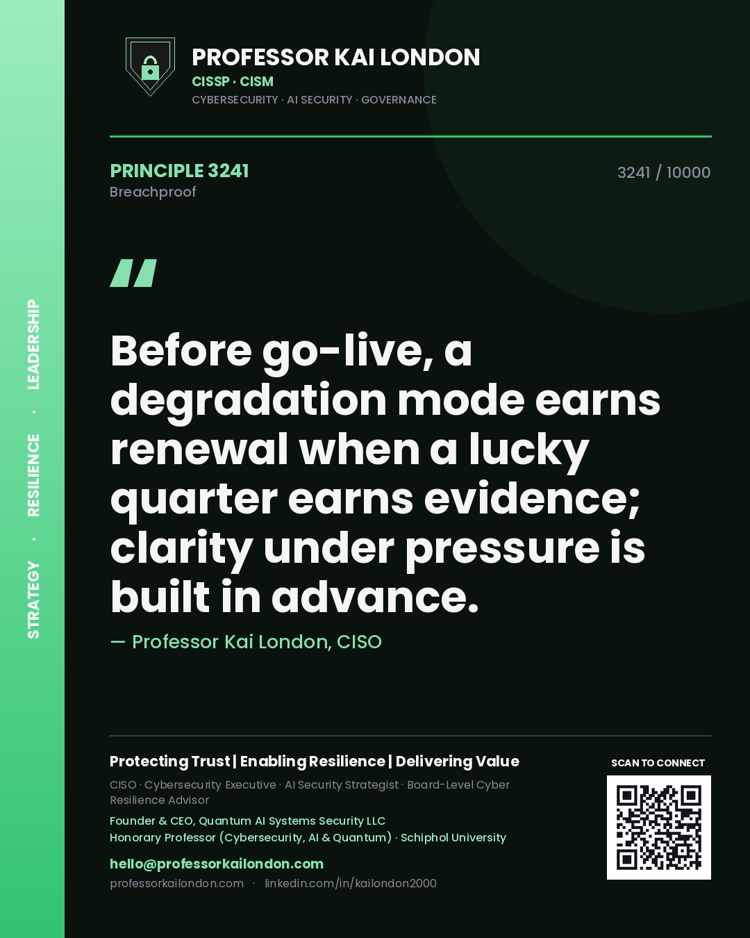 Quote card by Professor Kai London reading 'Before go-live, a degradation mode earns renewal when a lucky quarter earns evidence; clarity under pressure is built in advance.'. From the book Breachproof.