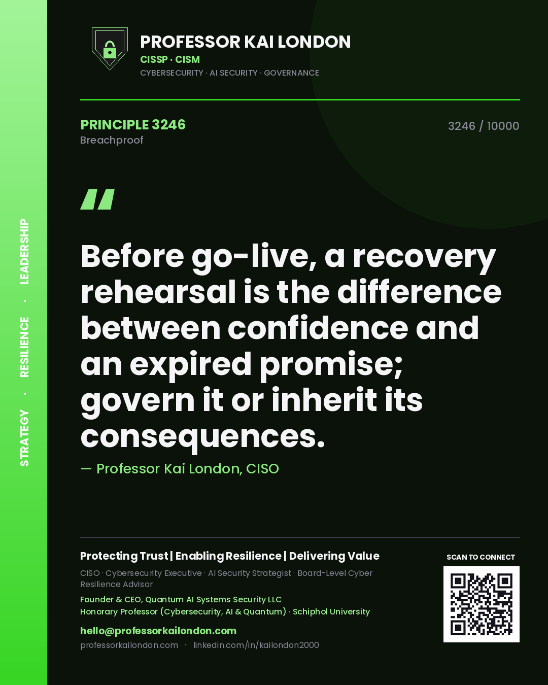 Professor Kai London principle 3246: Before go-live, a recovery rehearsal is the difference between confidence and an expired promise; govern it or inherit its consequences.