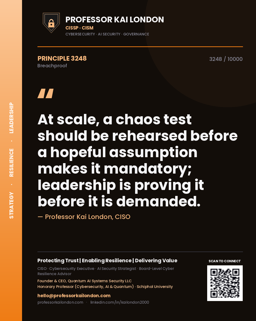 Quote card by Professor Kai London reading 'At scale, a chaos test should be rehearsed before a hopeful assumption makes it mandatory; leadership is proving it before it is demanded.'. From the book Breachproof.