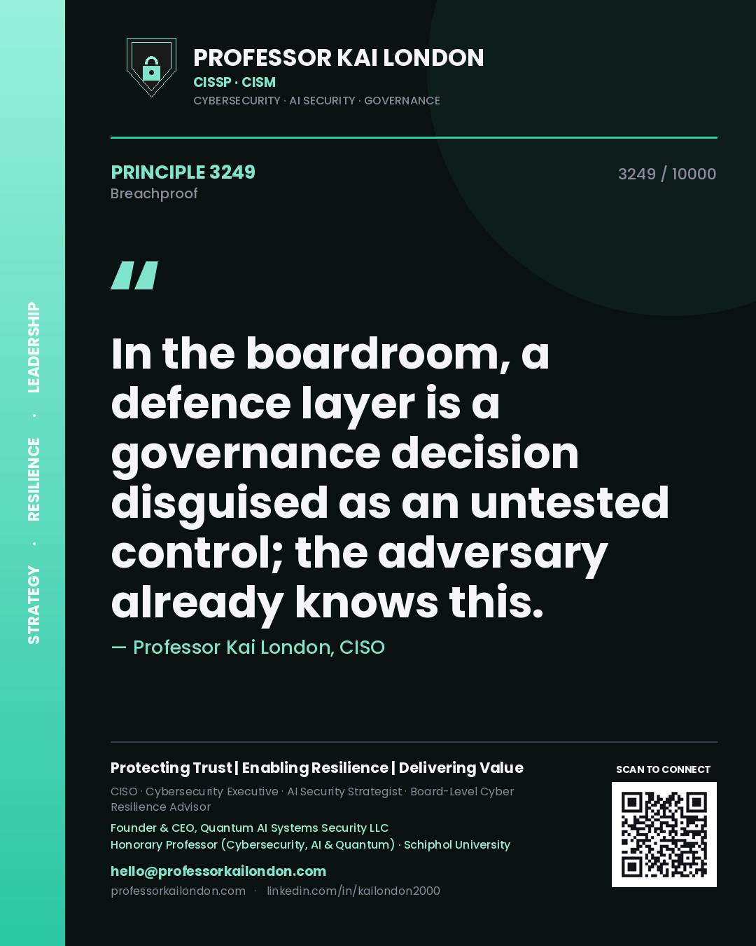 Quote card by Professor Kai London reading 'In the boardroom, a defence layer is a governance decision disguised as an untested control; the adversary already knows this.'. From the book Breachproof.