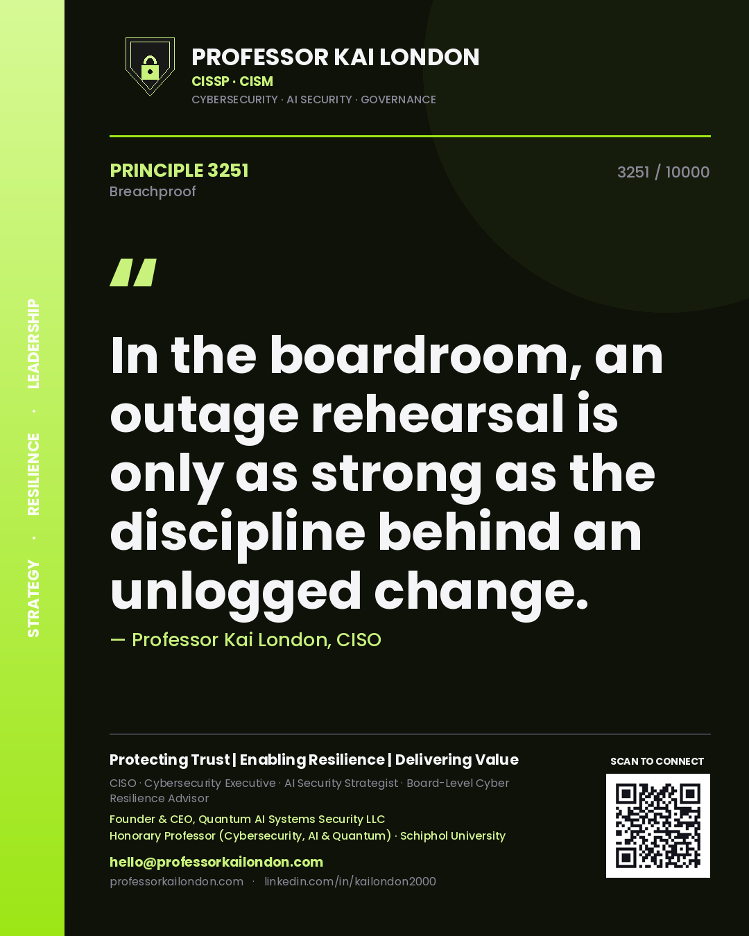 Quote card by Professor Kai London reading 'In the boardroom, an outage rehearsal is only as strong as the discipline behind an unlogged change.'. From the book Breachproof.
